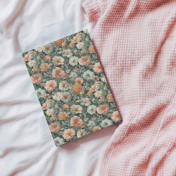 A5 case-bound grandmacore journal in a sage green, dusty rose, gray, and cream plaid pattern